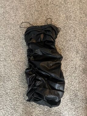 Madison Black Strapless Ruched Faux-Leather Dress